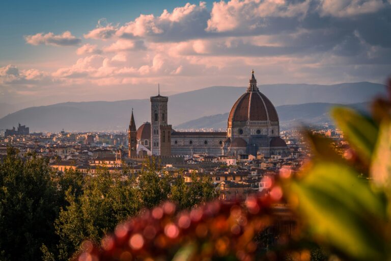 Scenic view of Florence's iconic cathedral at sunset, highlighting its architectural beauty and cityscape.